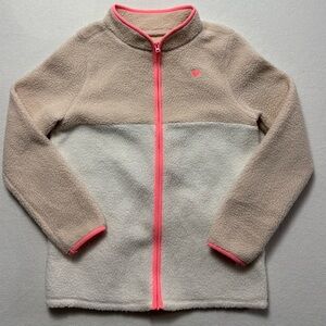OshKosh B'gosh Beige and White Fleece Hoodie with Pink Accents